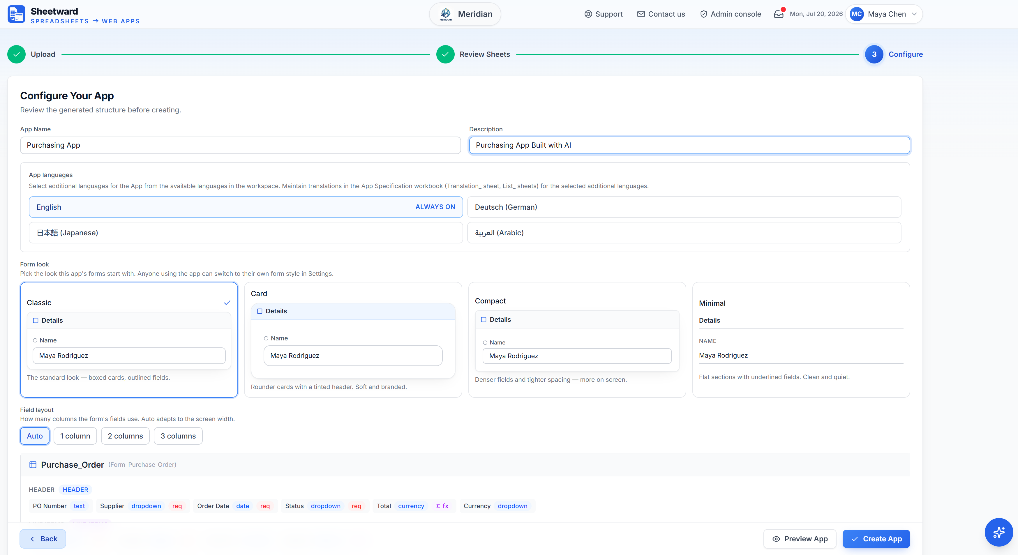 Check the drafted fields, pick a form look and layout, then click Create App.