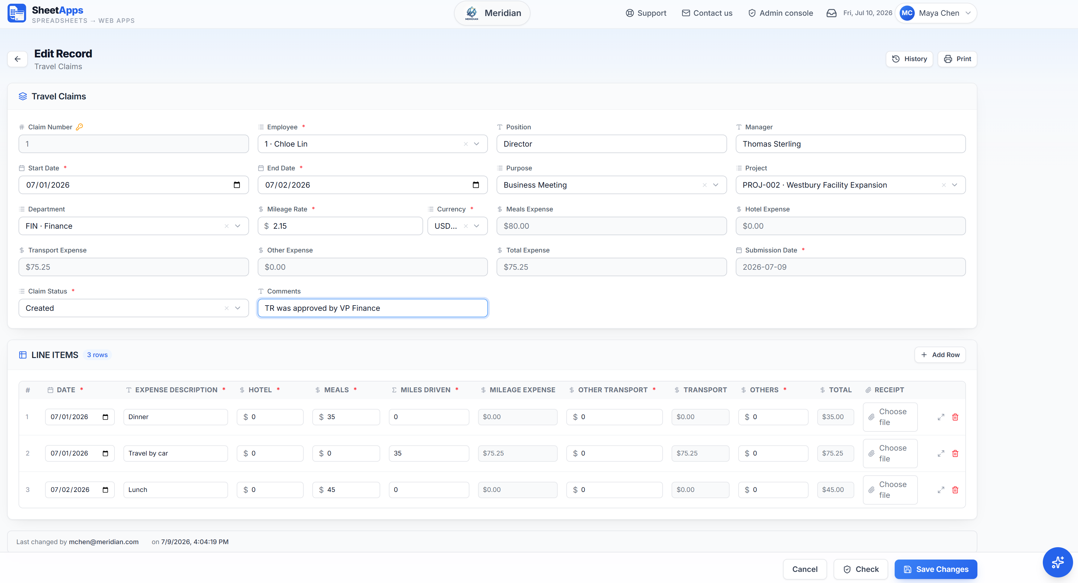 One form, many sections — header fields plus a line-items table, straight from the workbook.