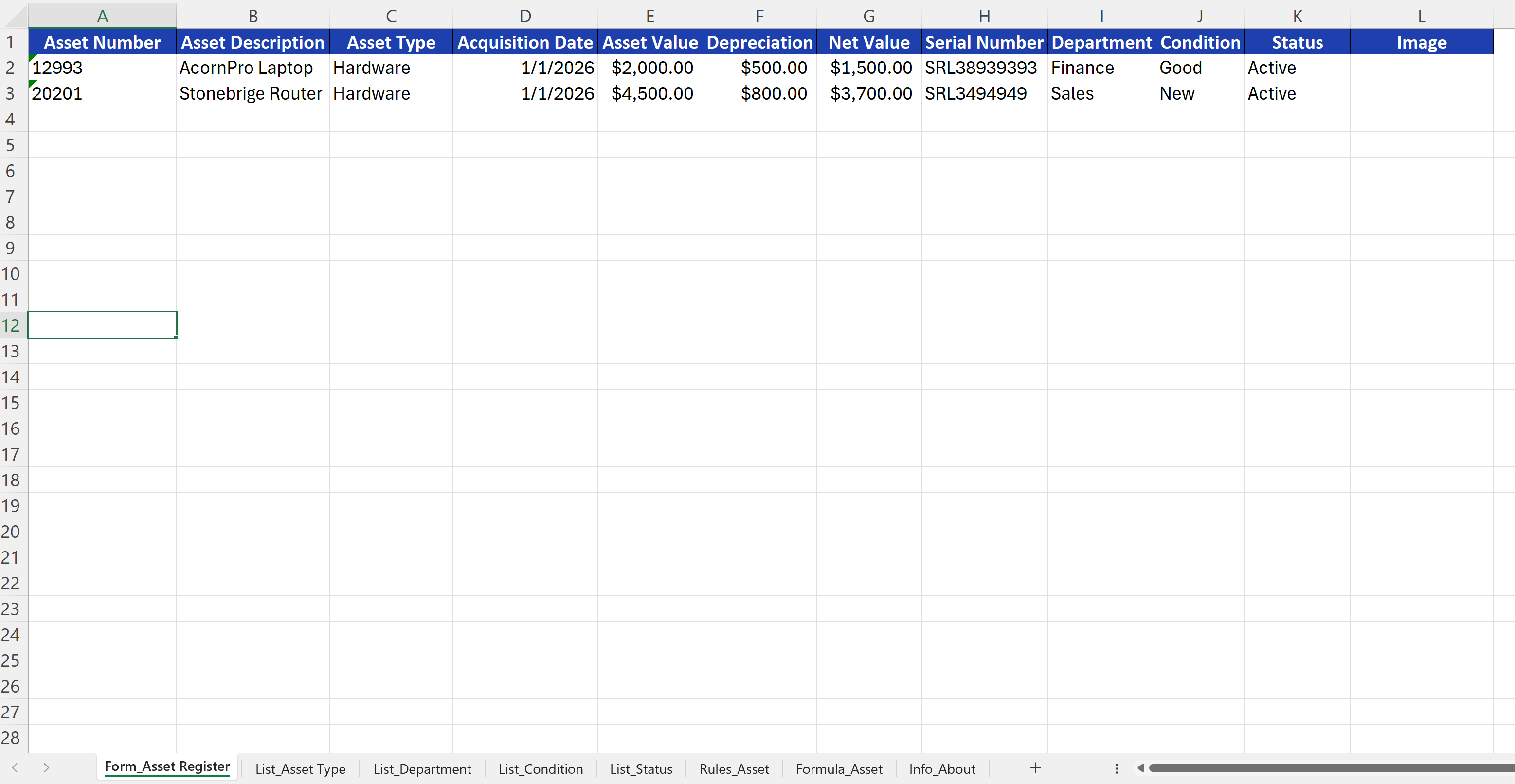 Start with an ordinary Excel workbook — here, an asset register with a column per field.