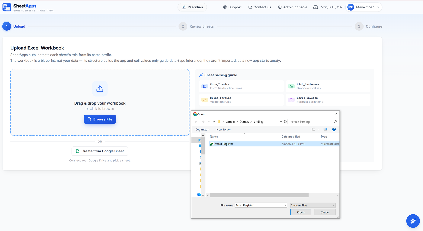 Drag the workbook into SheetApps, or browse for it.
