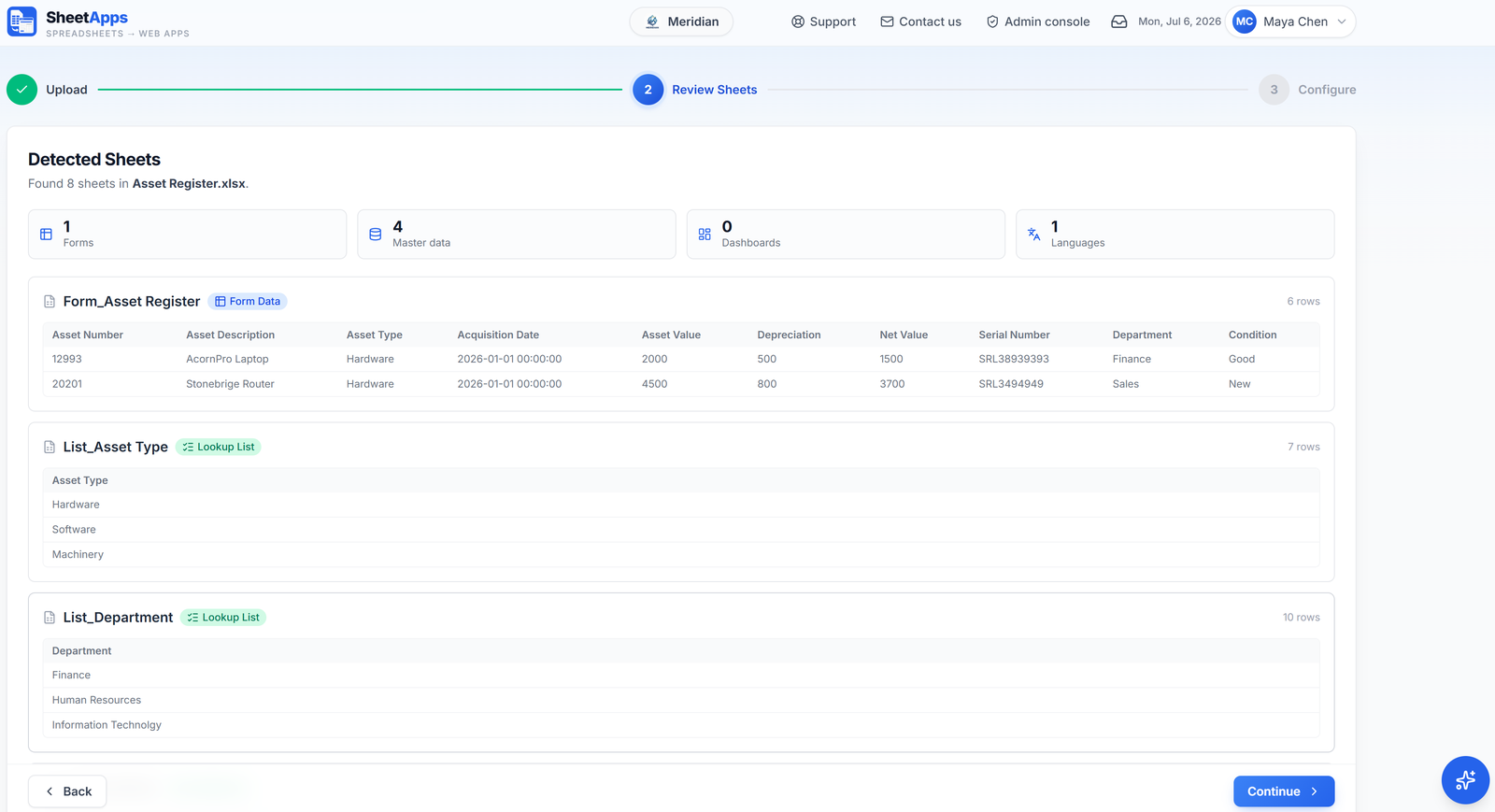 SheetApps shows what it found: one form, four lookup lists and a language.