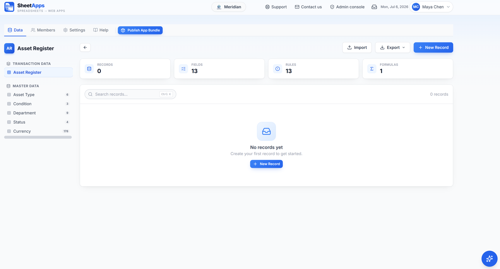 The Asset Register app is live with its own database — a form configured with fields, rules & validations, formulas and lookups.