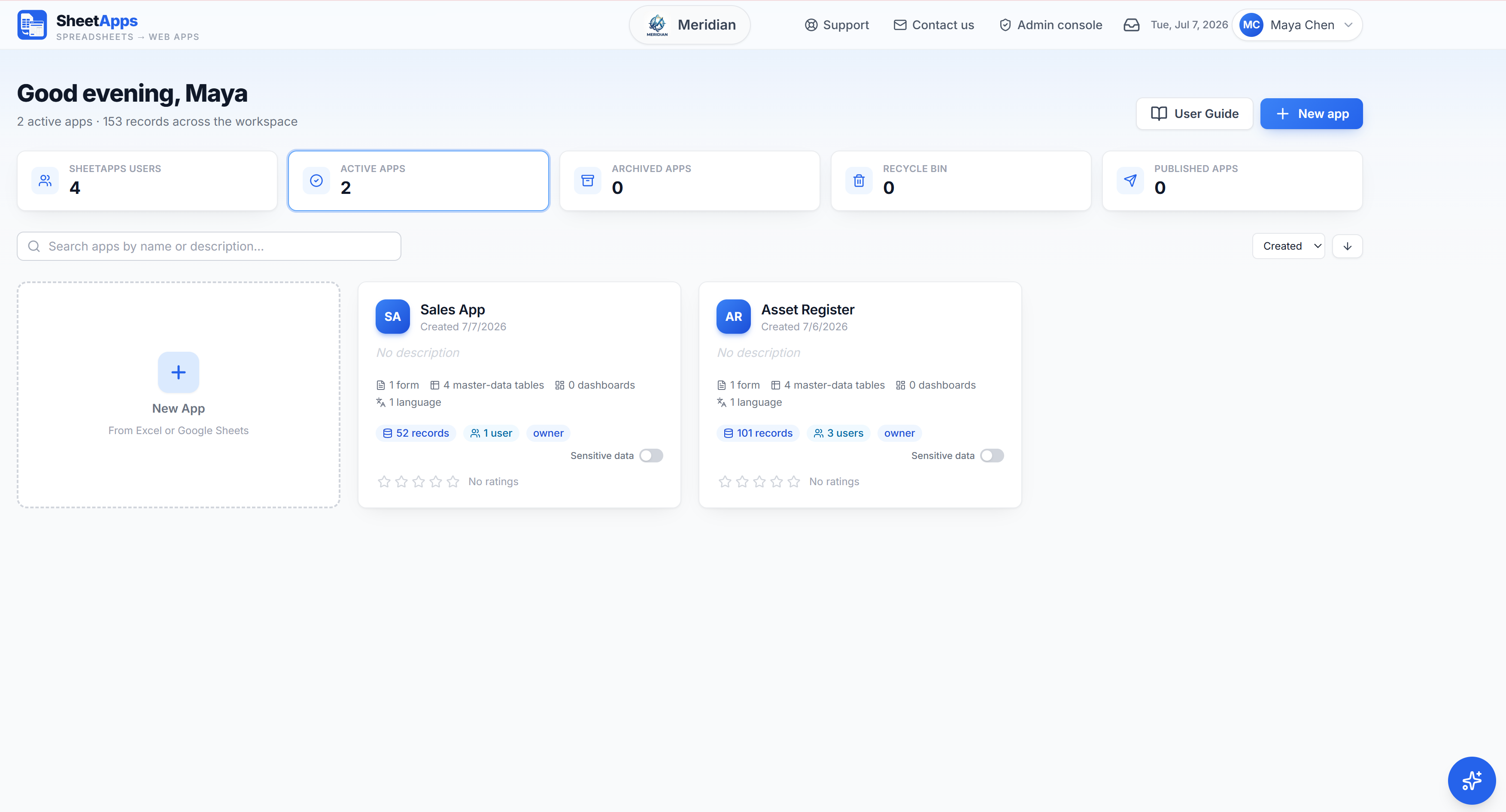 Your workspace home: your name, your logo, and every app at a glance.