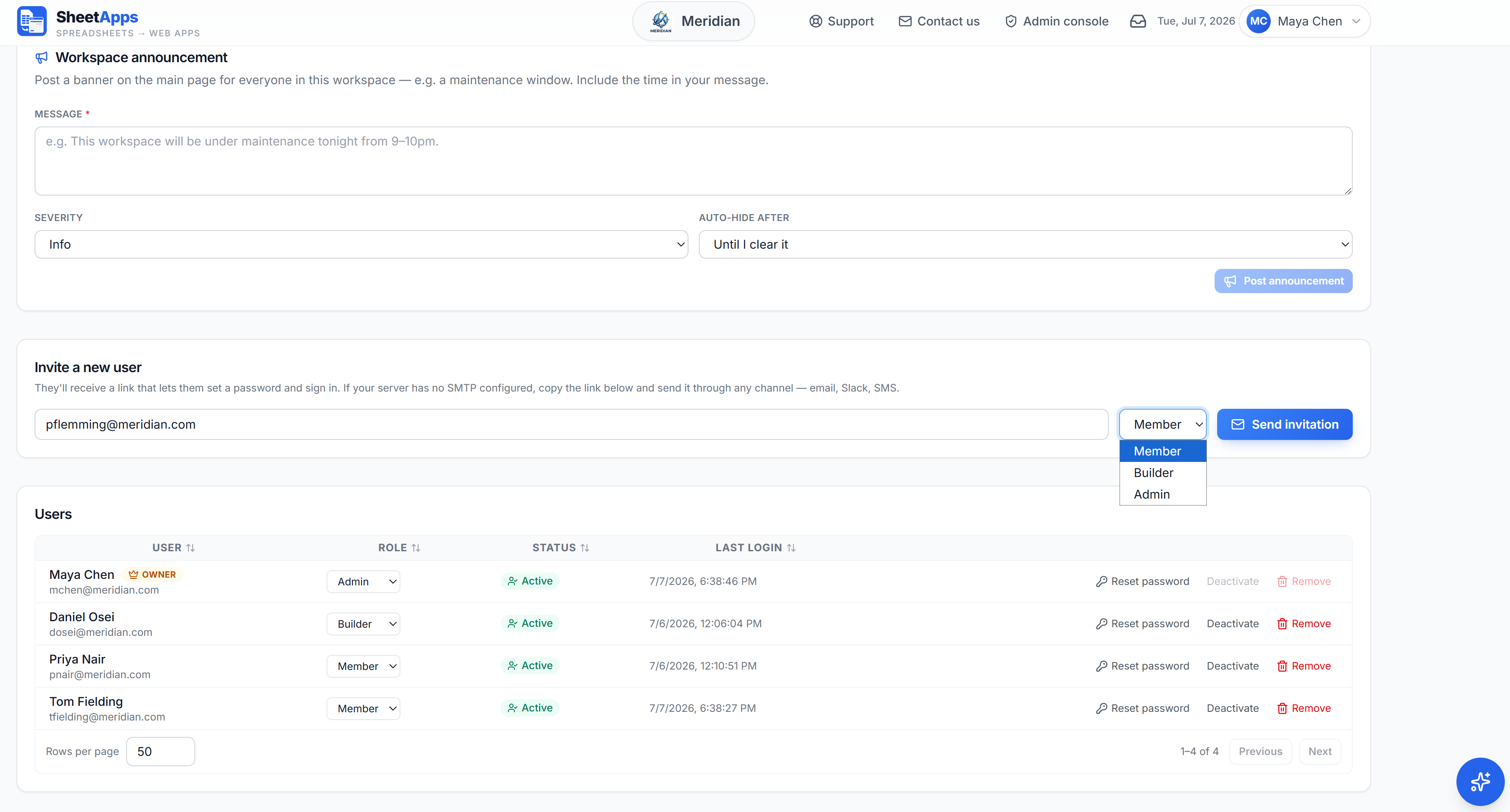 Invite teammates and give each a workspace role.