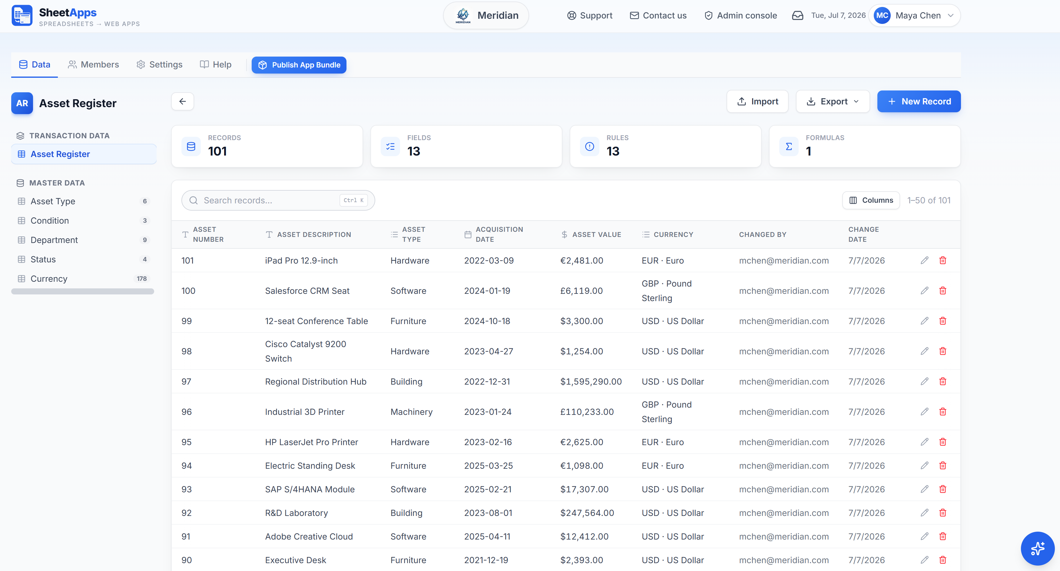 A real web app over your data — search, edit, import and export.