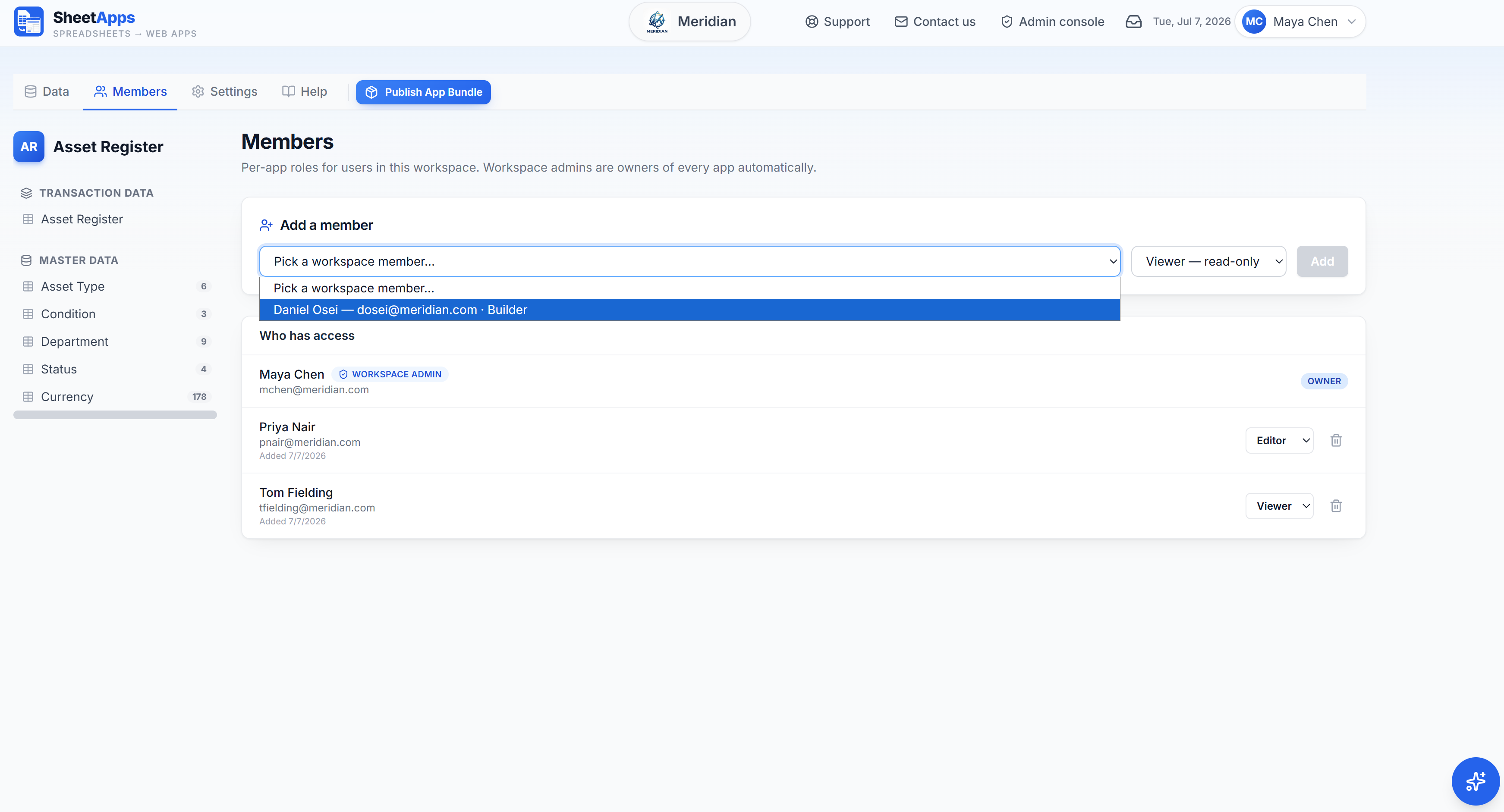 Assign per-app roles to control who can do what.